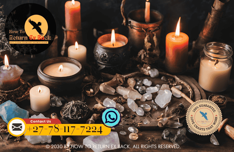 A collection of spell casting tools including candles, crystals, voodoo ritual tools, and herbs. (1)
