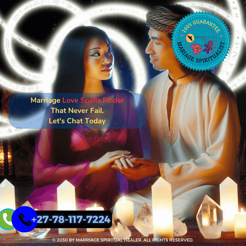 A couple holding hands in a candlelit room, surrounded by mystical symbols and glowing crystals.