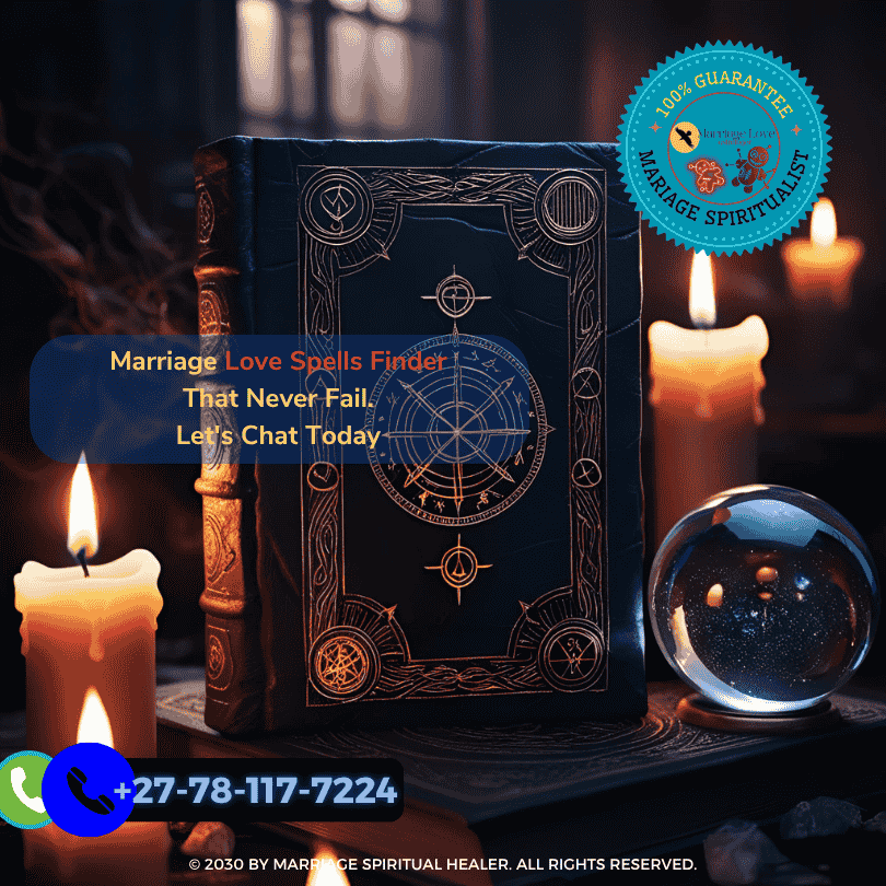 A dimly lit room with candles scattered around, a mysterious figure casting a spell over a glowing crystal ball, surrounded by love potions and ancient books.