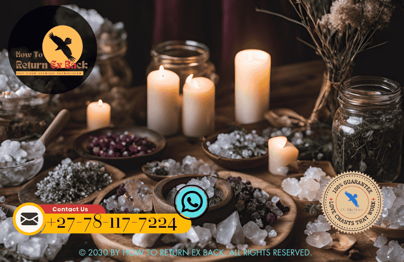 A moonlit night with crystals and herbs laid out for a powerful love binding ritual, capturing the essence of spiritual connection.