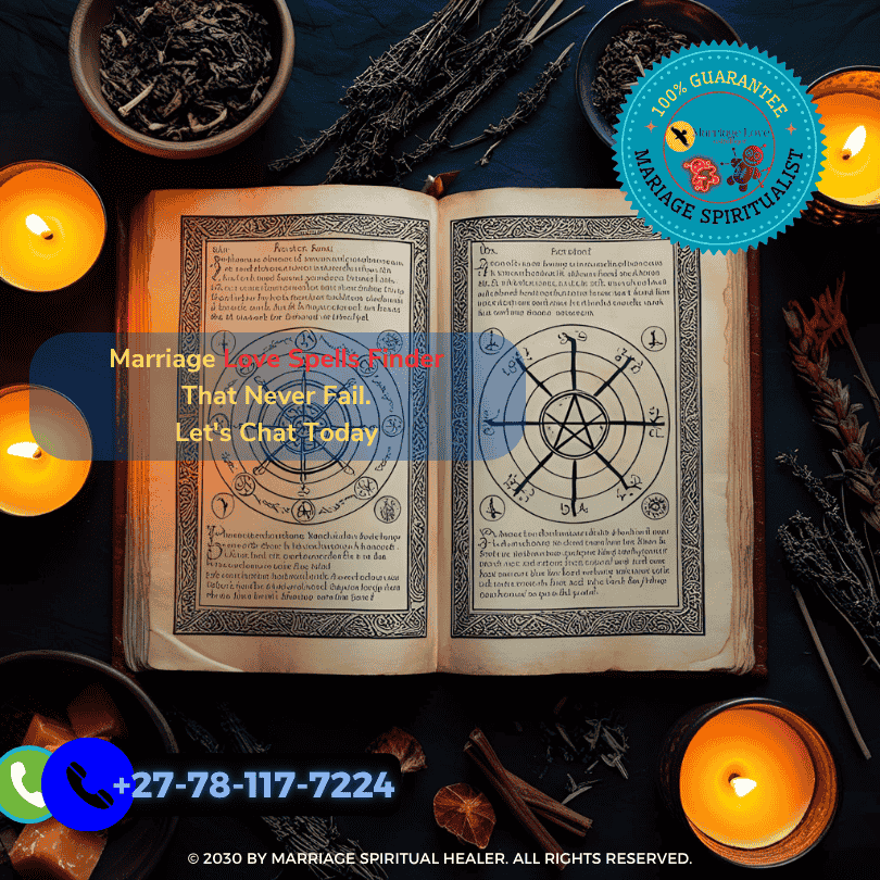 A mysterious, ancient-looking spell book opened to a page filled with intricate symbols and incantations, surrounded by flickering candles and dried herbs.