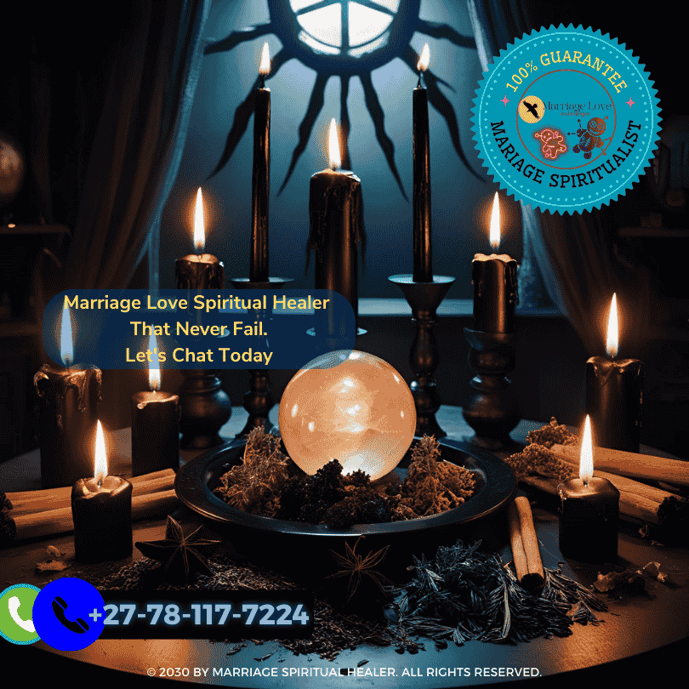 A mystical altar setup for black enchantments, featuring black candles, herbs, and a crystal ball. (2)