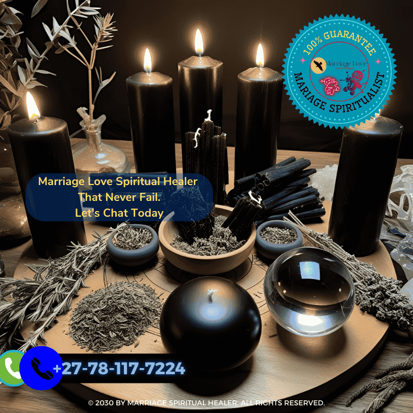 A mystical altar setup for black enchantments, featuring black candles, herbs, and a crystal ball. (4)