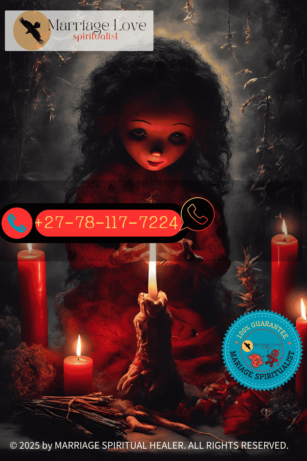A red candle burning beside a voodoo doll and herbs used in a love spell (001).