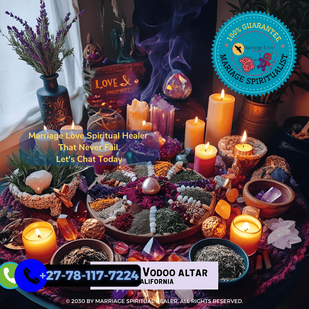 A spiritual voodoo altar in California featuring herbs, crystals, and candles for love and prosperity spells.