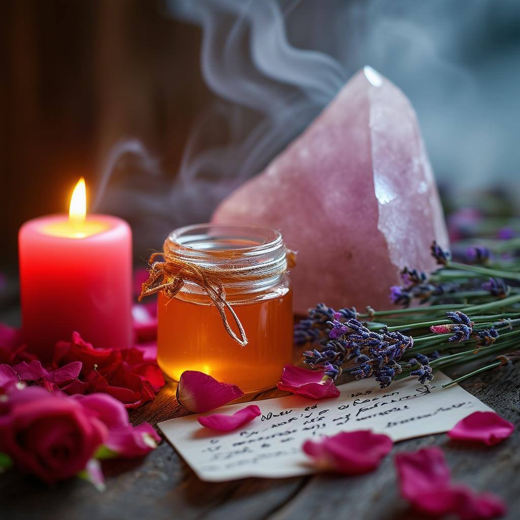 The image depicts a mystical, candlelit altar adorned with vibrant pink and red candles flickering softly in the dim light