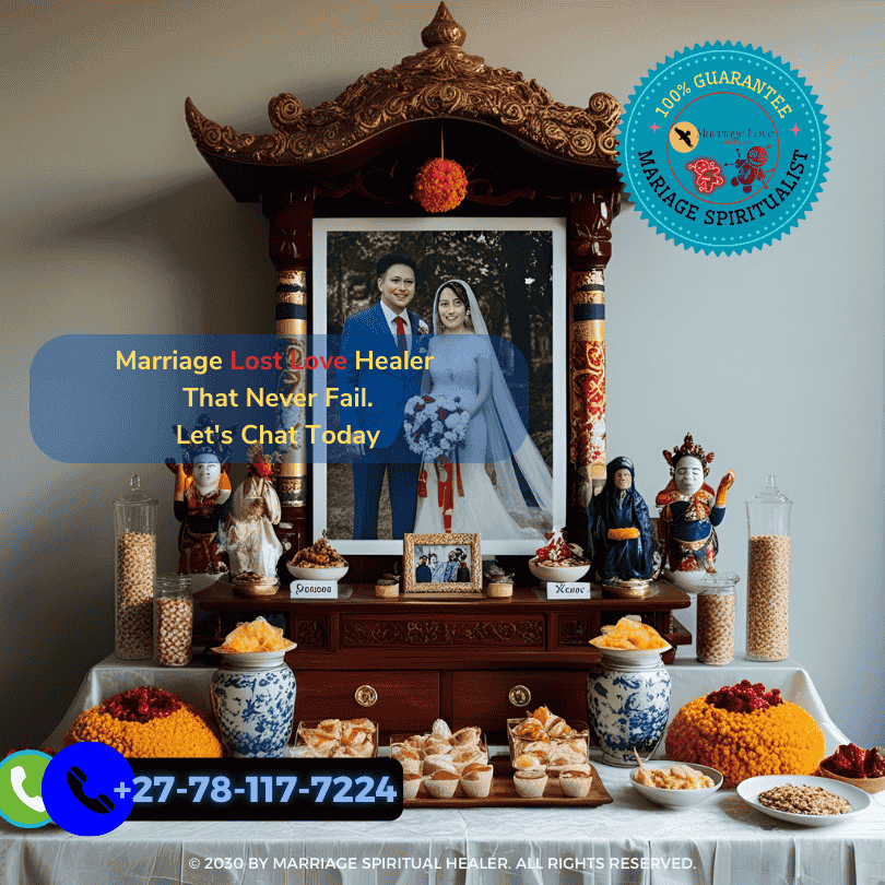 Ancestor altar with wedding photo and sweet offerings. Ancestor altar with wedding photo and sweet offerings.