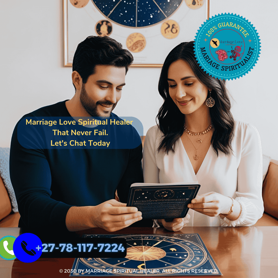 A couple sitting at a table with an open laptop displaying astrological charts, deeply engrossed in understanding their compatibility and potential challenges in their relationship through love astrology