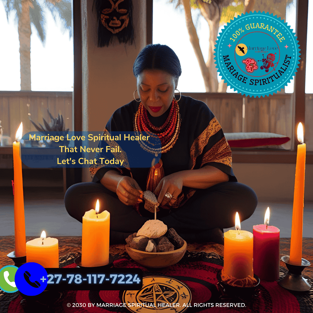 Authentic voodoo ritual being performed by a traditional spellcaster in California with candles and ancestral symbols