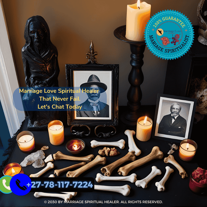 Hoodoo altar with bones, candles, and ancestor photos
