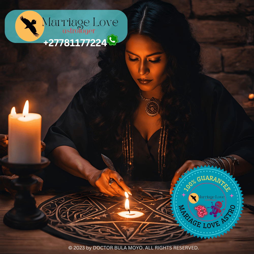an astrologer conducting a love horoscope reading for a couple, with charts and astrological symbols on display.