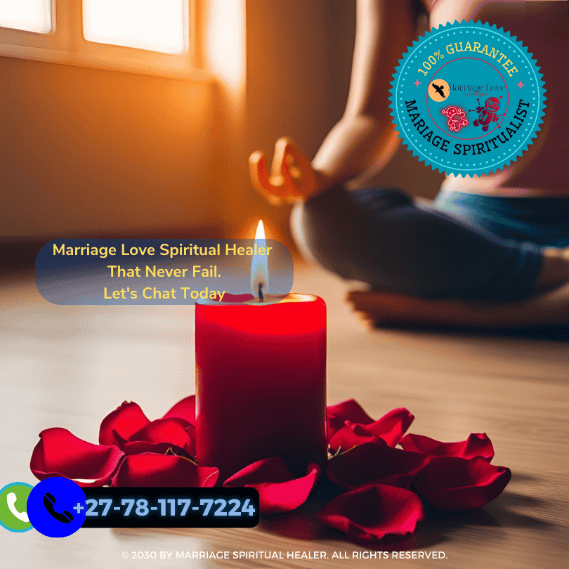 Image displays a lit red candle surrounded by rose petals, with a person meditating and focusing on the flame (1)