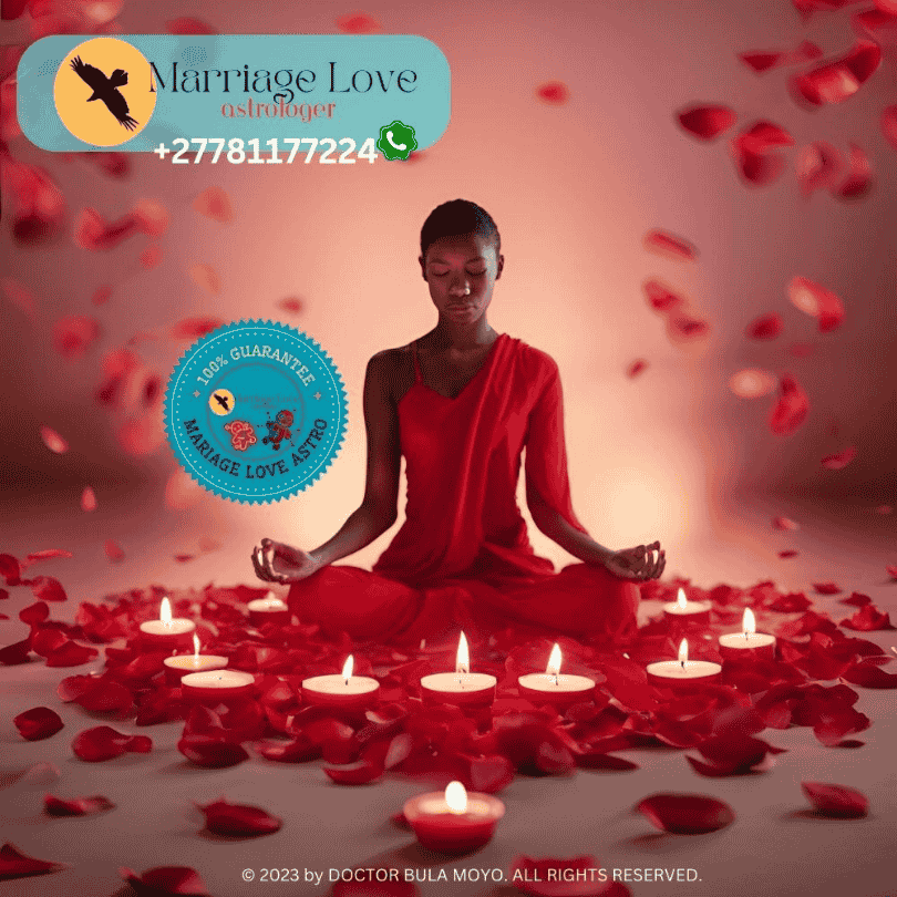 Image displays a lit red candle surrounded by rose petals, with a person meditating and focusing on the flame