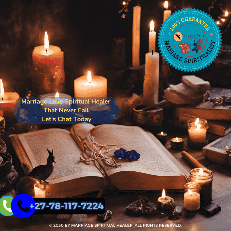 Image displays a peaceful, candle-lit space prepared for a Wiccan love spell, featuring incense, crystals, and a spell book on an altar.