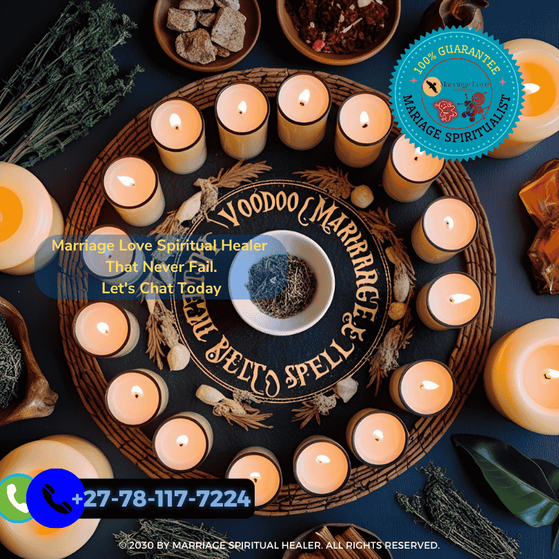 Image displays a protective ritual setup for a voodoo marriage spell, featuring a circle of candles, protective herbs, and a small offering bowl. (1)