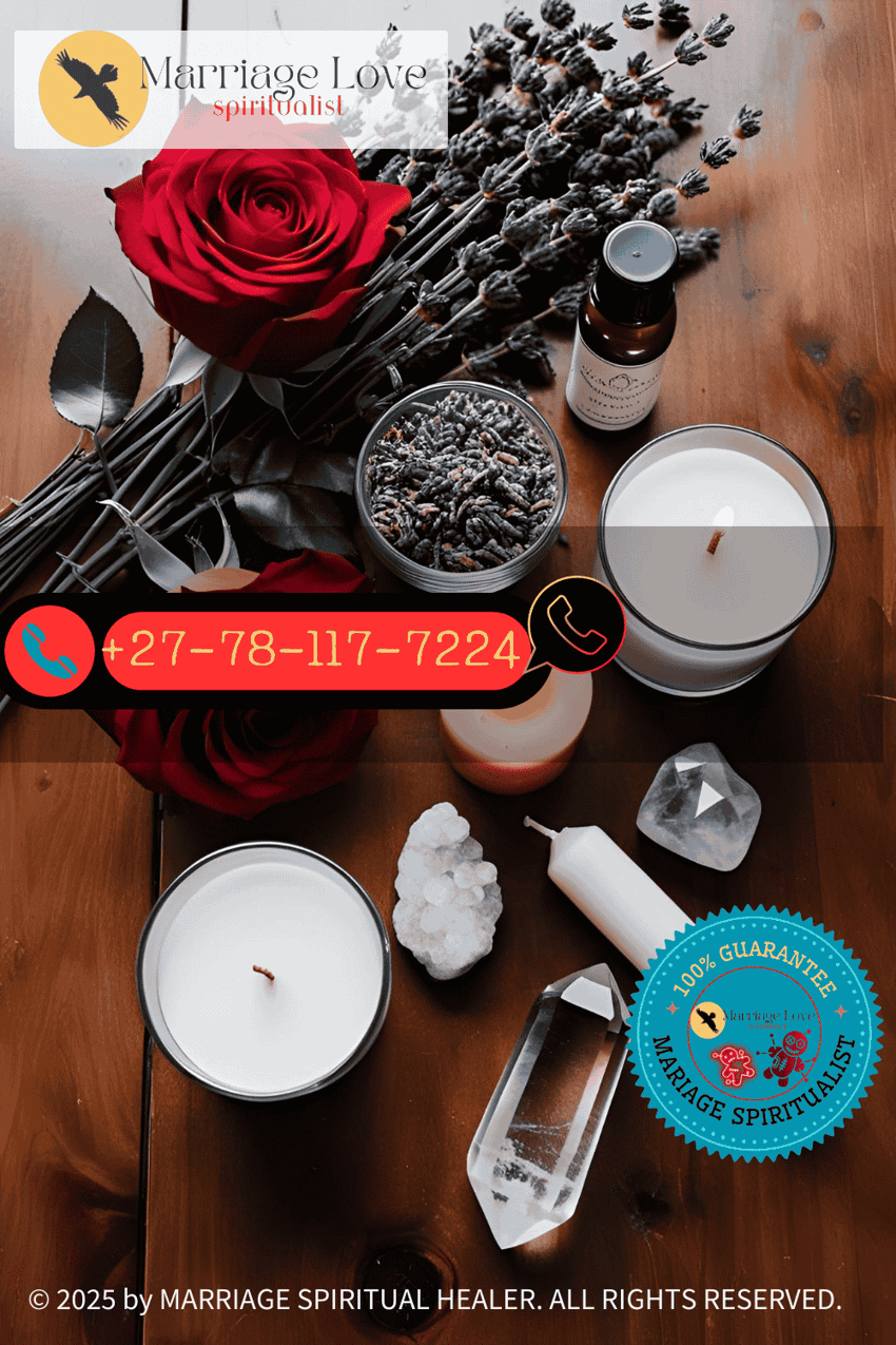 Image shows a selection of ingredients for a Wiccan love spell, including roses, lavender, candles, and crystals, arranged on a wooden table. (1)-1