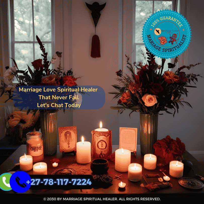 Image shows a serene, candle-lit space prepared for a voodoo marriage spell, with an altar adorned with flowers, personal items, and spiritual symbols. (2)