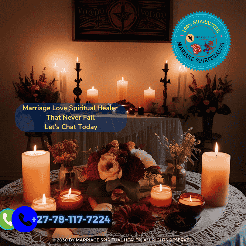 Image shows a serene, candle-lit space prepared for a voodoo marriage spell, with an altar adorned with flowers, personal items, and spiritual symbols. (3)