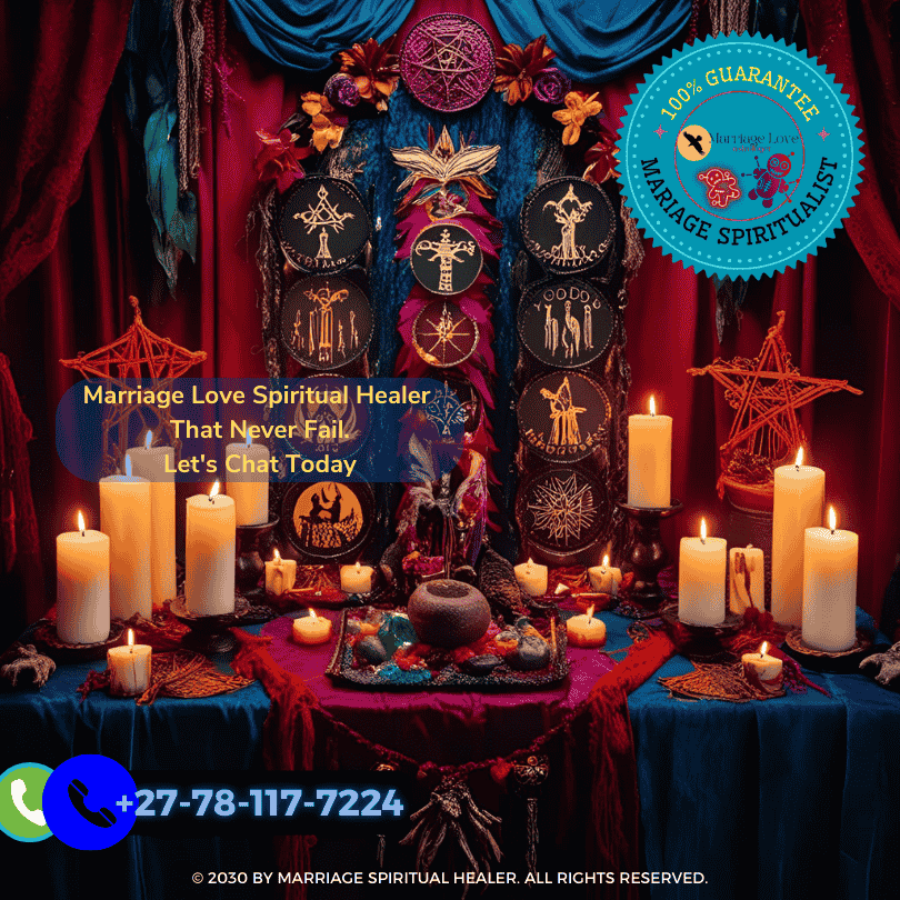 The image features a mystical altar adorned with vibrant colors and rich textures, reflecting the essence of Voodoo marriage spells (1)