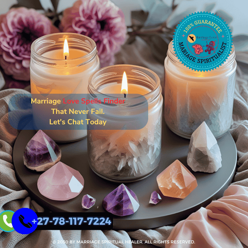 The image is of someone creating a sacred space for casting a love spell, surrounded by candles, incense, and crystals like rose quartz (1)