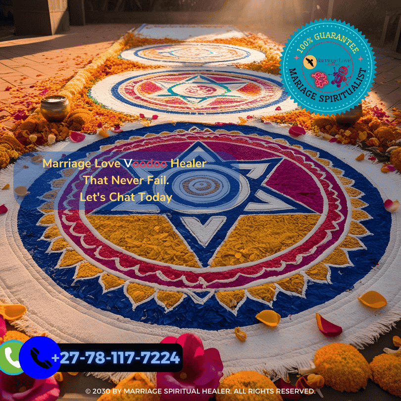 Veve symbols drawn on ritual floor with flower petals