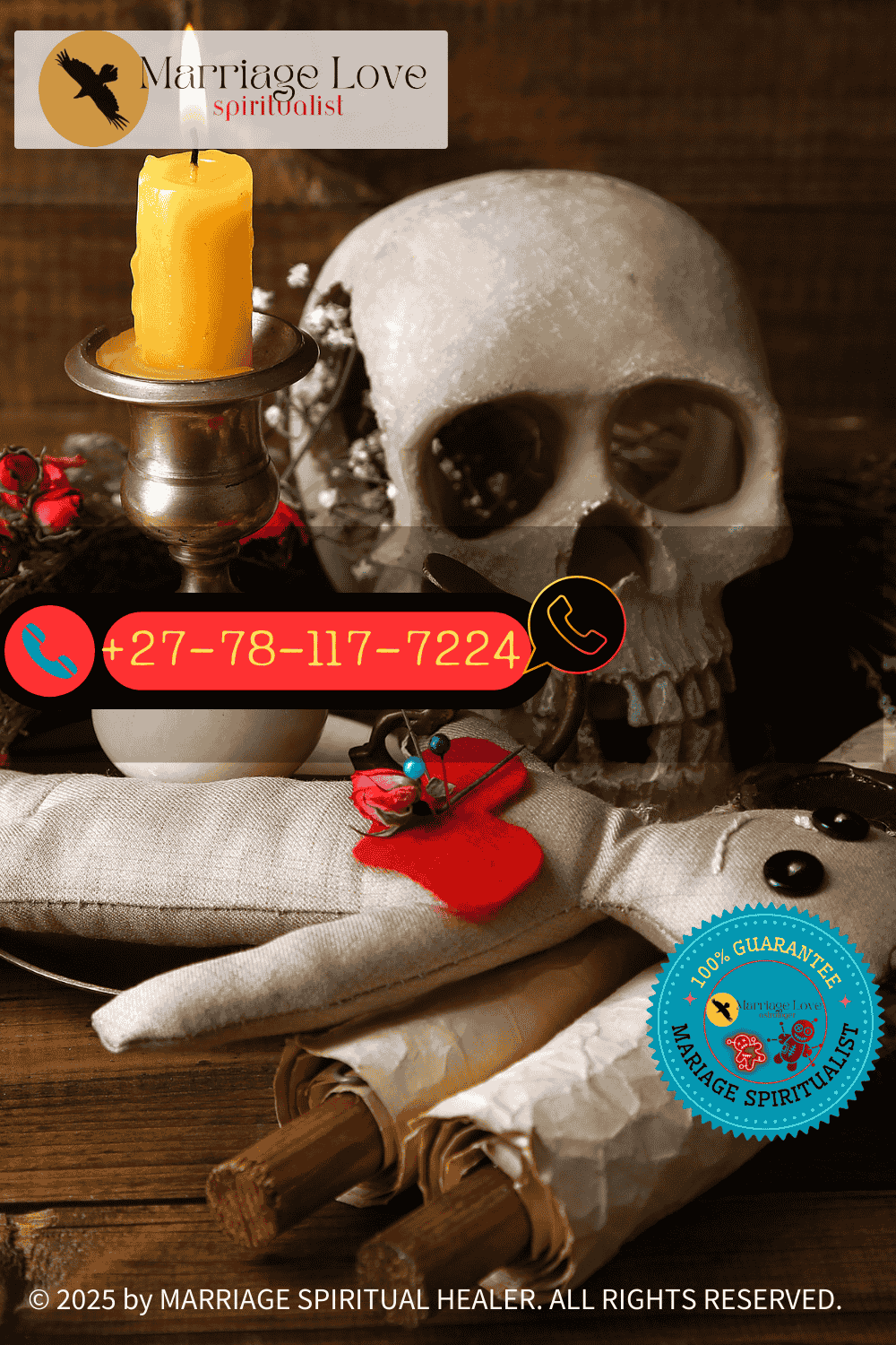 Voodoo doll made of soft linen lying next to humanoid skeleton of head prepared to remove marriage bad luck