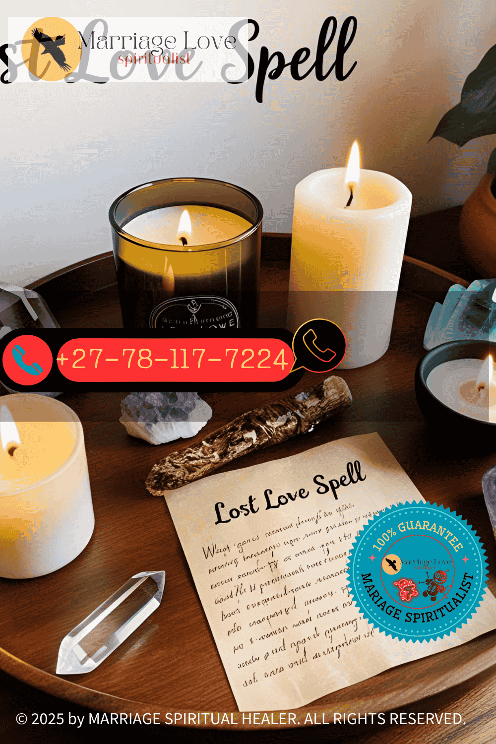 a spiritual altar set up for a lost love spell, with candles, crystals, and a piece of parchment paper for writing intentions. (1)