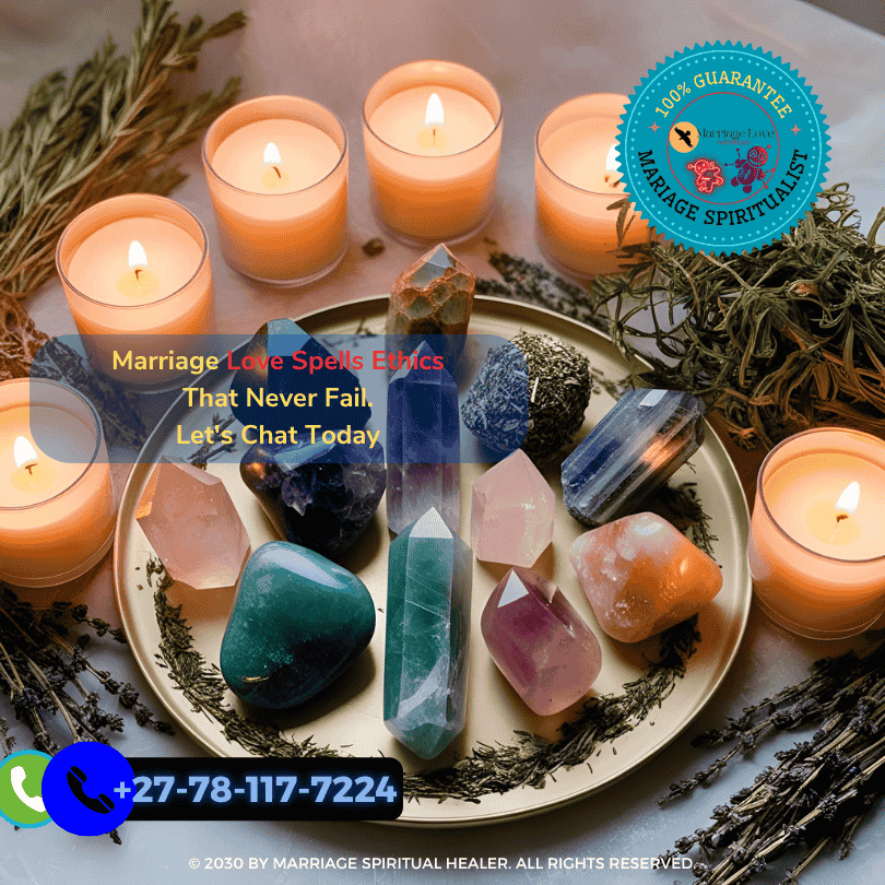 Crystals and herbs arranged for ethical love work