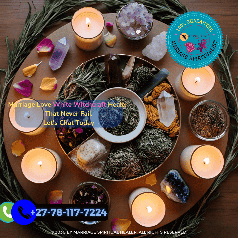 Herbal ingredients and crystals arranged for a healing love spell