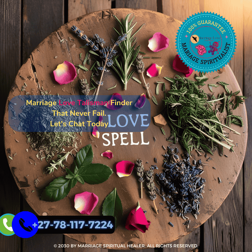 Herbal ingredients for love spell on wooden table
