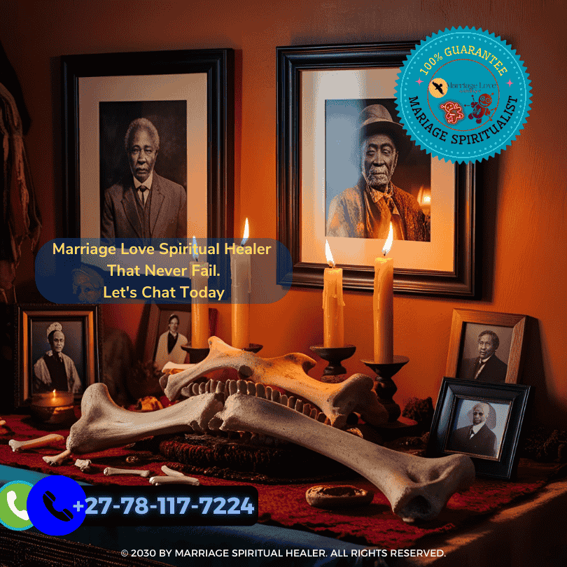Hoodoo altar with bones, candles, and ancestor photos (1)
