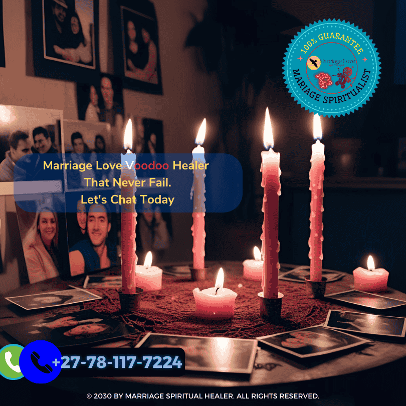 Lost love spell altar with pink candles and photos