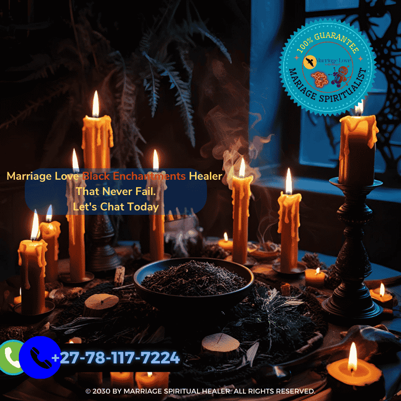 Ritual altar setup for black enchantments with candles and herbs