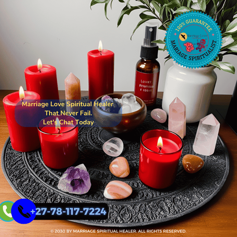 Spiritual altar set for a love spell with red candles and crystals (1)