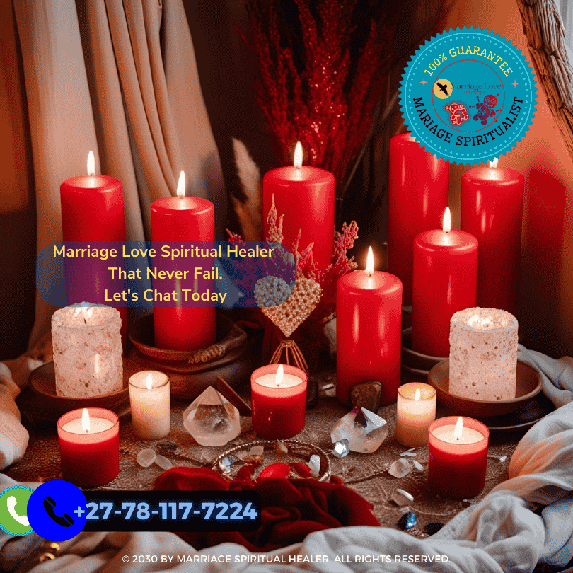 Spiritual altar set for a love spell with red candles and crystals