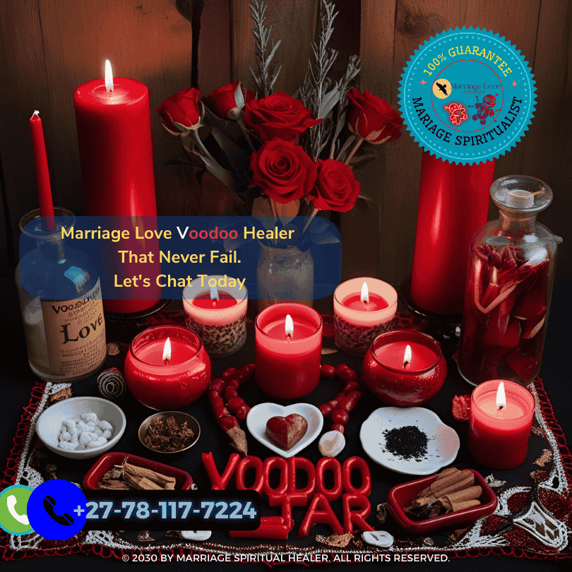 Voodoo altar for love and marriage with red candles and offerings (1)