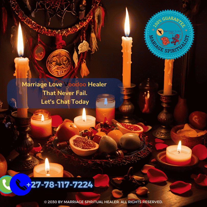 Voodoo altar with candles, offerings, and rose petals during love spell ritual