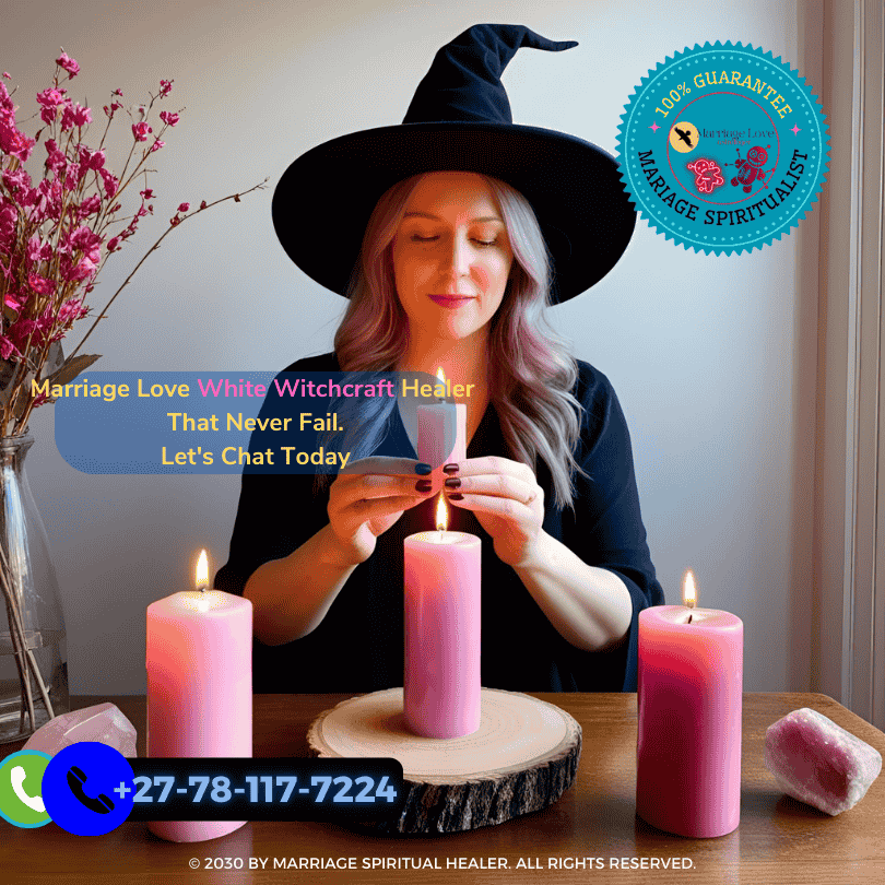 White witch performing love ritual with pink candles and rose quartz (1)