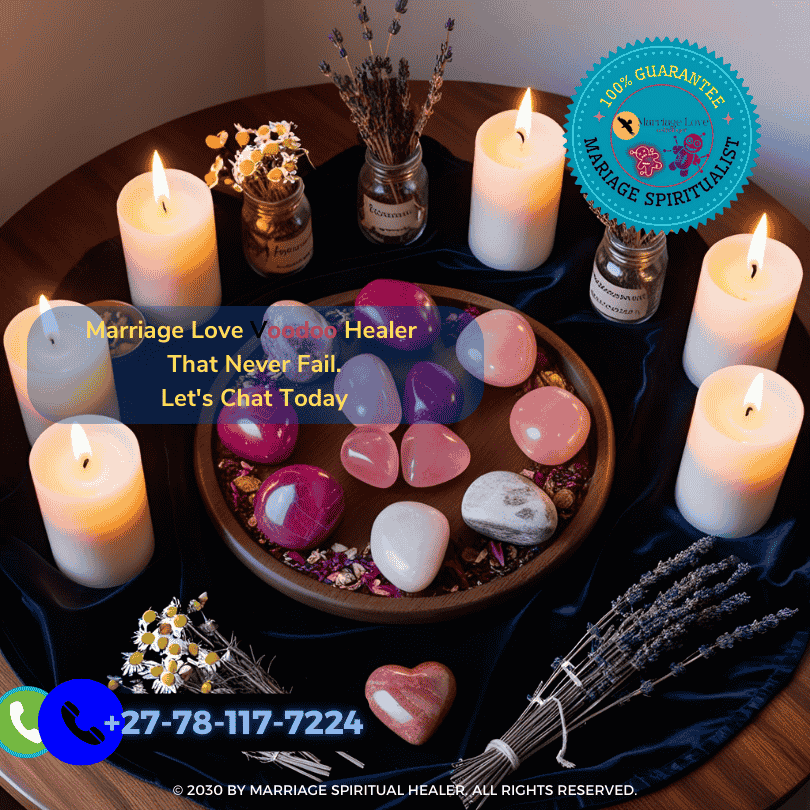 Wiccan love altar with candles, rose quartz, and ritual herbs